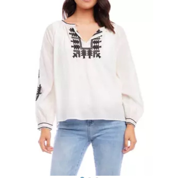 Karen Kane | Boho Peasant Embroidered Cotton Women Top Cream (Off white) Med - Picture 4 of 13